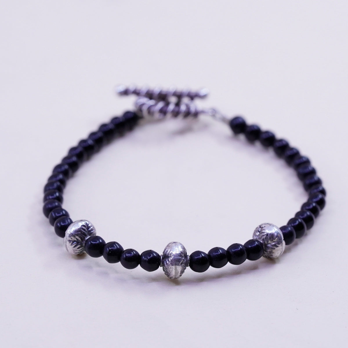 6.25”, Vintage Sterling 925 silver bracelet with obsidian beads
