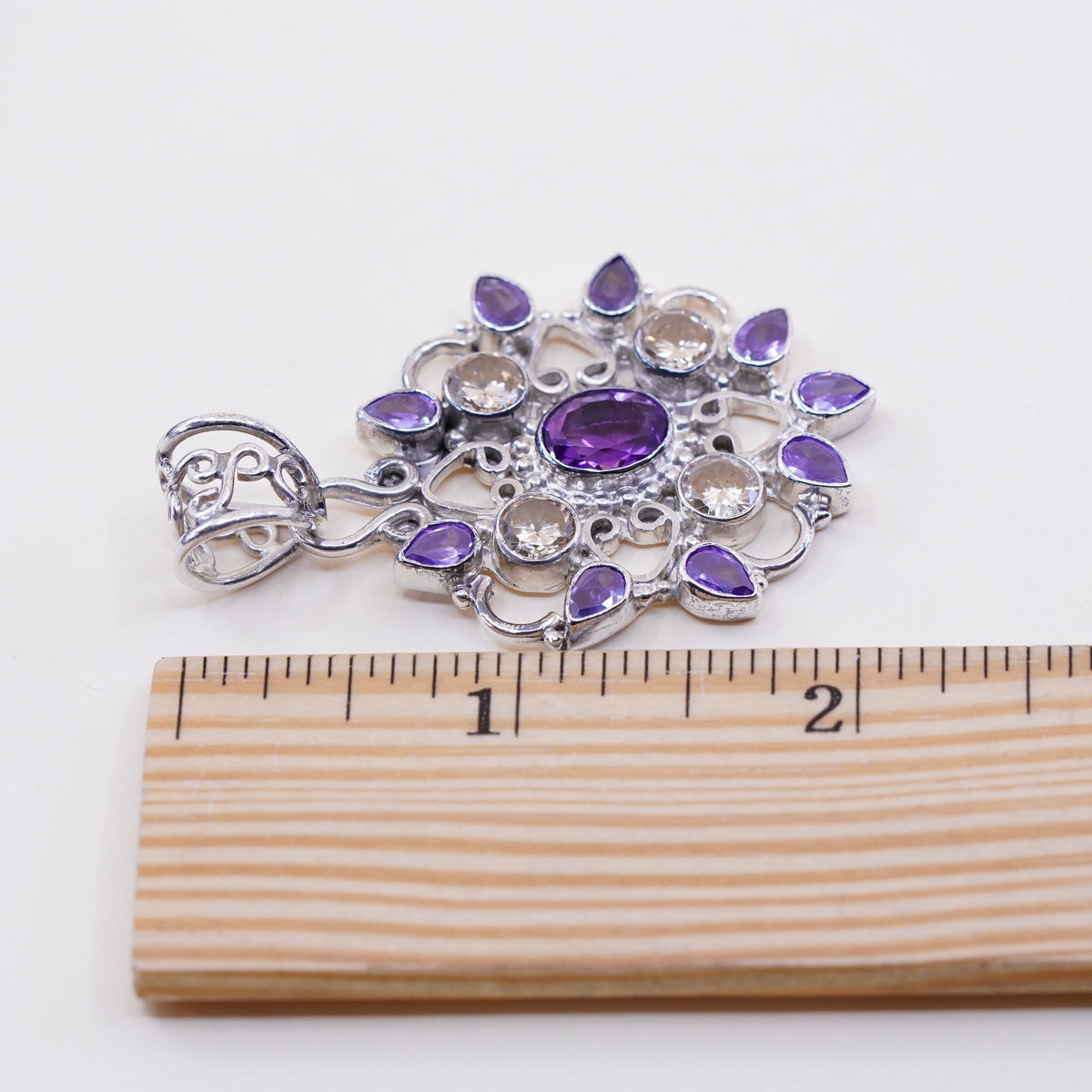 Sterling 925 silver handmade filigree flower pendant with amethyst and citrine