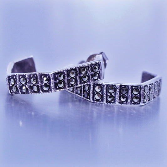 0.75”, vintage Sterling silver handmade earrings, 925 hoops Huggie w/ Marcasite