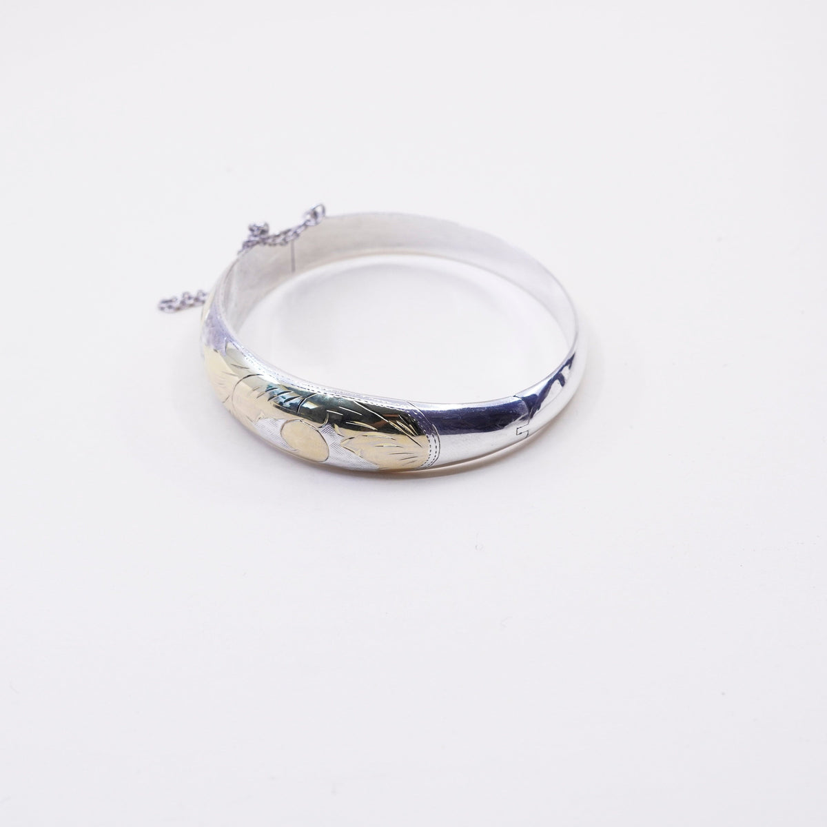 7”, two tone sterling silver handmade bracelet, 925 hinged bangle with floral