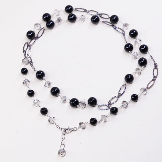 34" sweater Sterling silver handmade necklace 925 flatten chain w/ obsidian