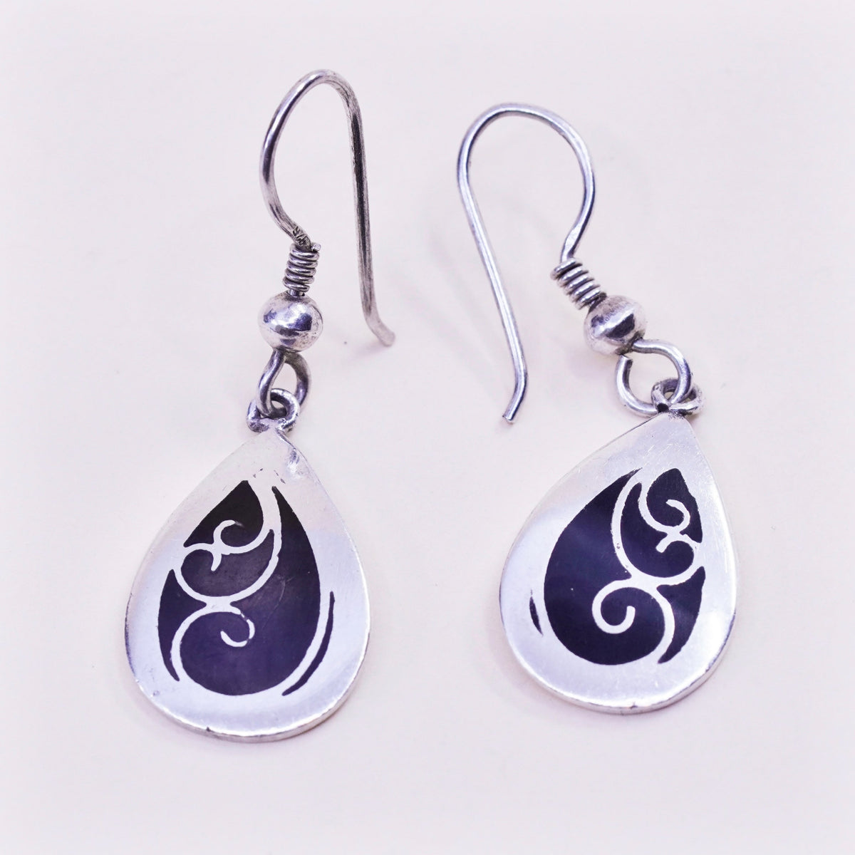 Vintage Sterling silver handmade earrings, 925 teardrop drops with enamel