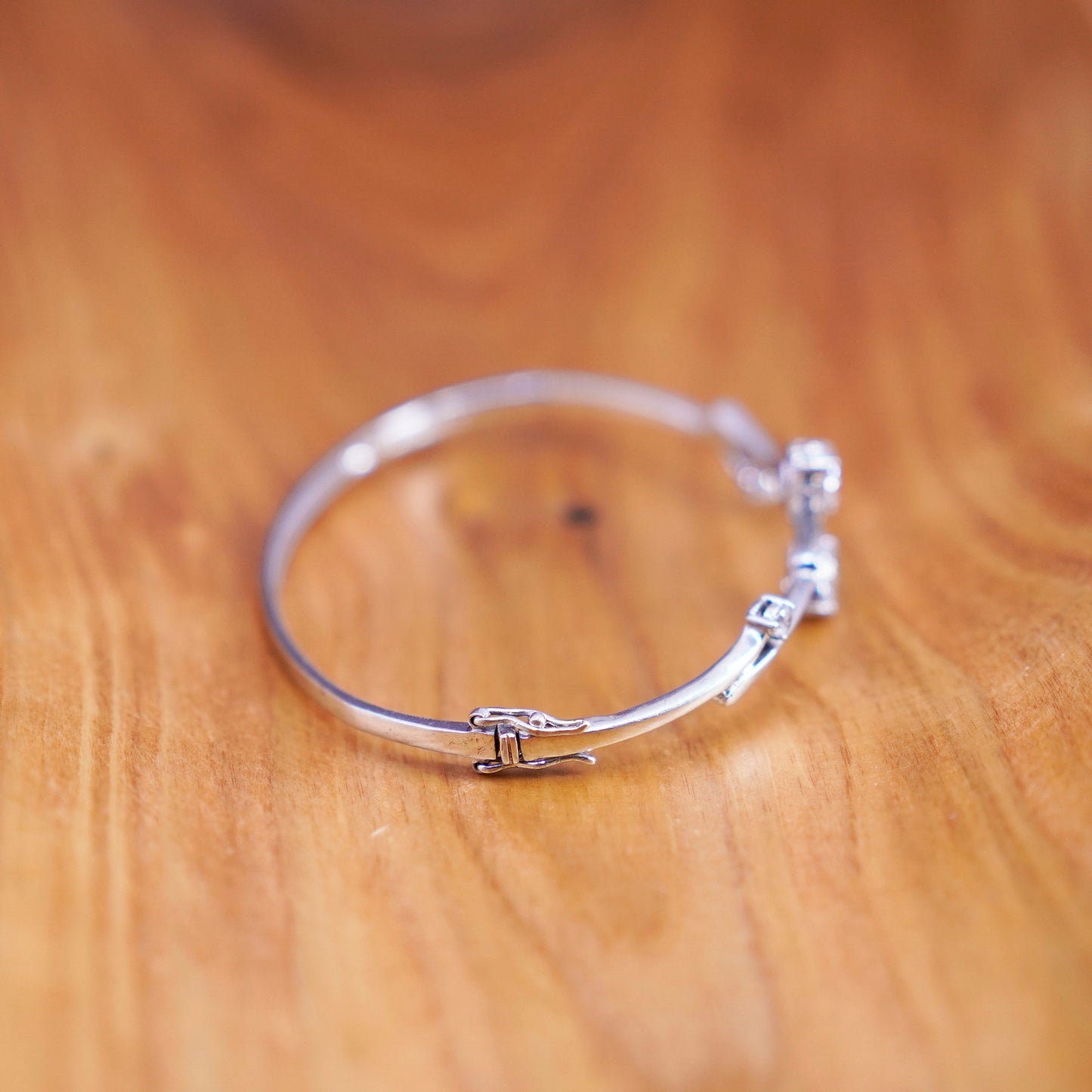 6.5”, antique sterling silver handmade bracelet, 925 wavy bangle with cz
