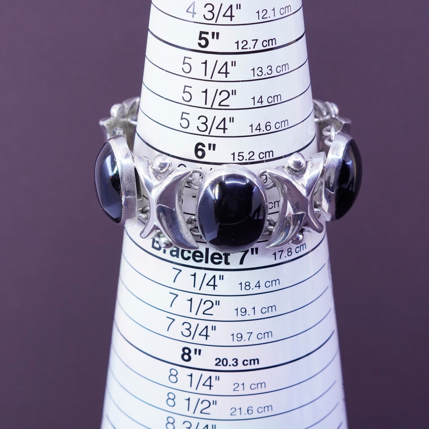 6.5”, vintage Sterling silver handmade bracelet, Mexico 925 link with oval onyx