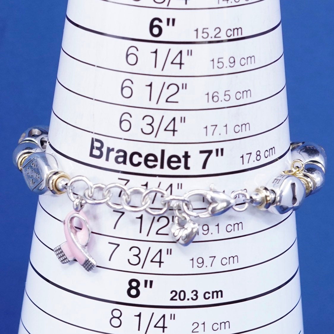 6.25+1”, vtg Brighton B Silver Tone bracelet, with heart charm “sister, mother