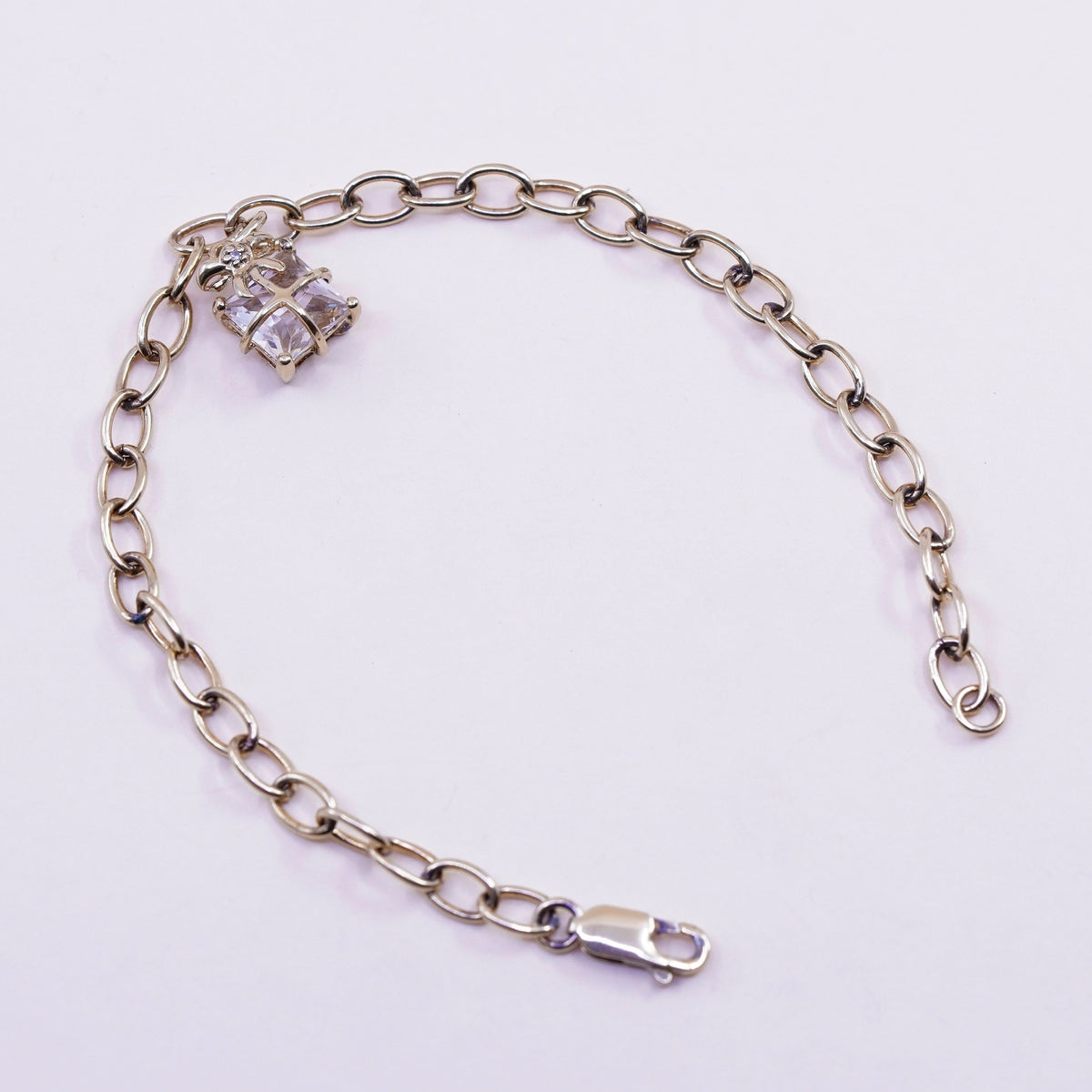 7.5”, vtg Vermeil gold over Sterling silver circle chain bracelet box charm cz