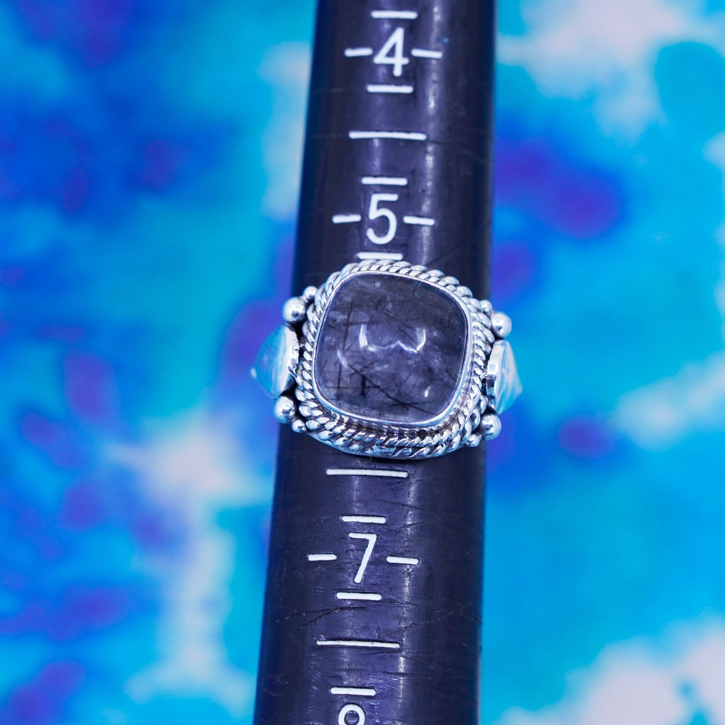 Size 6, Vintage Sterling 925 silver ring with Tourmalinated Quartz and beads