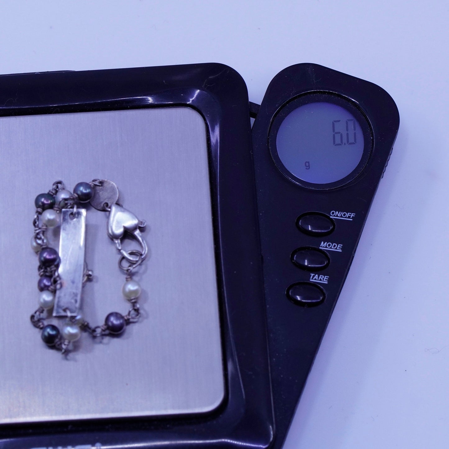 6.75”, vintage Sterling 925 silver handmade bracelet with pearl heart bar charm