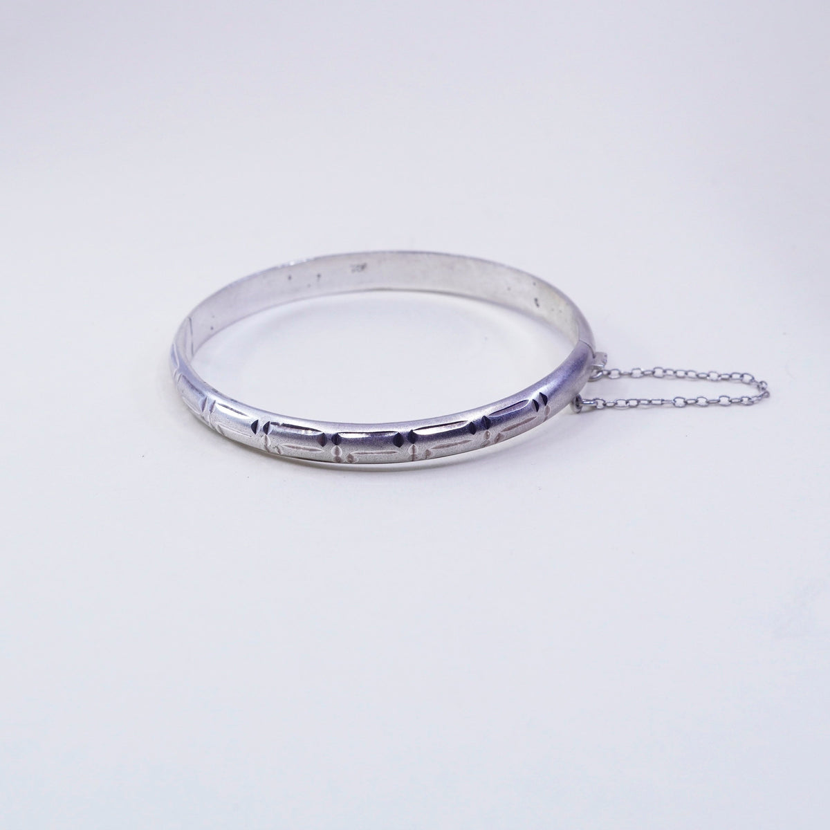 7.5”, sterling silver bracelet, Matt textured 925 hinged bangle N secure chain
