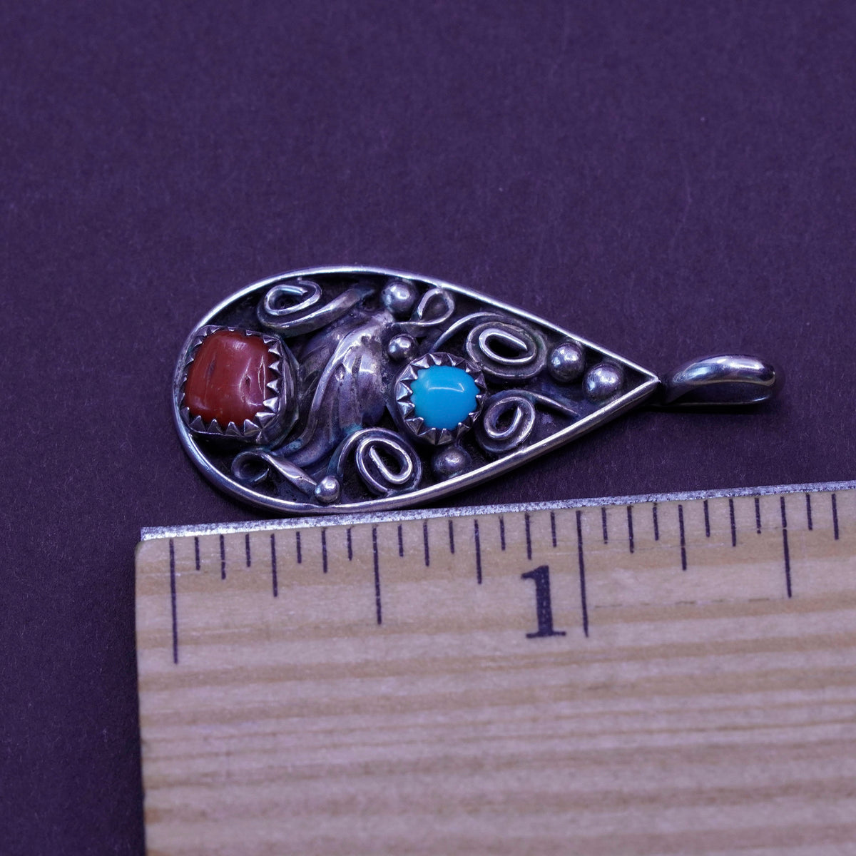 Native American Jeff Largo Sterling 925 silver teardrop pendant turquoise coral