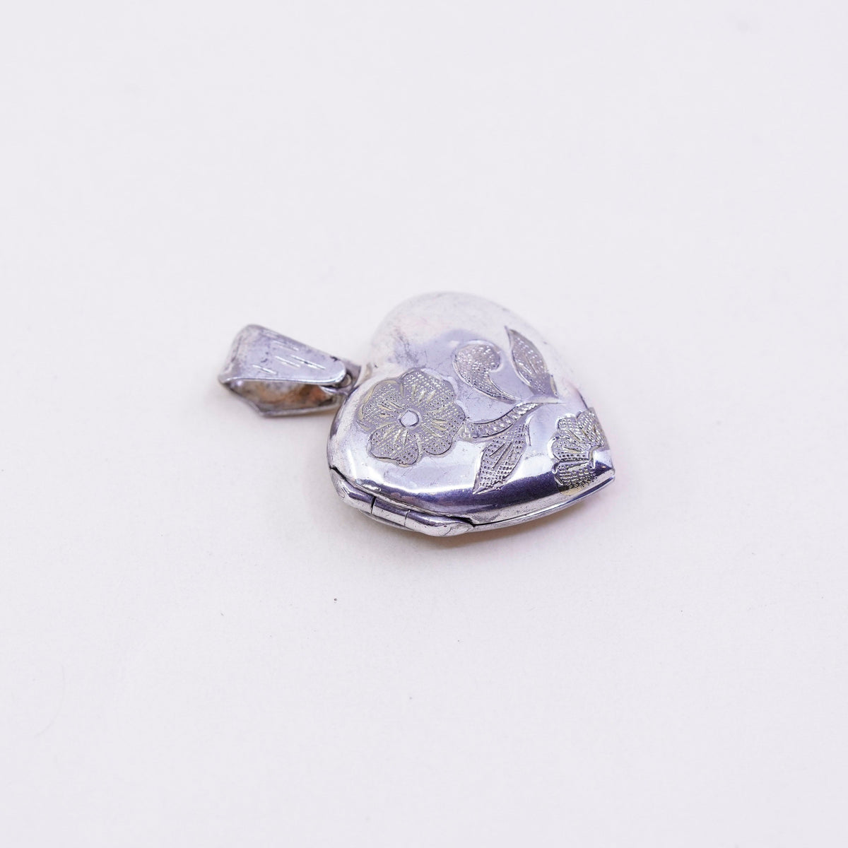 Vintage sterling silver photo locket charm pendant, flower textured 925 heart
