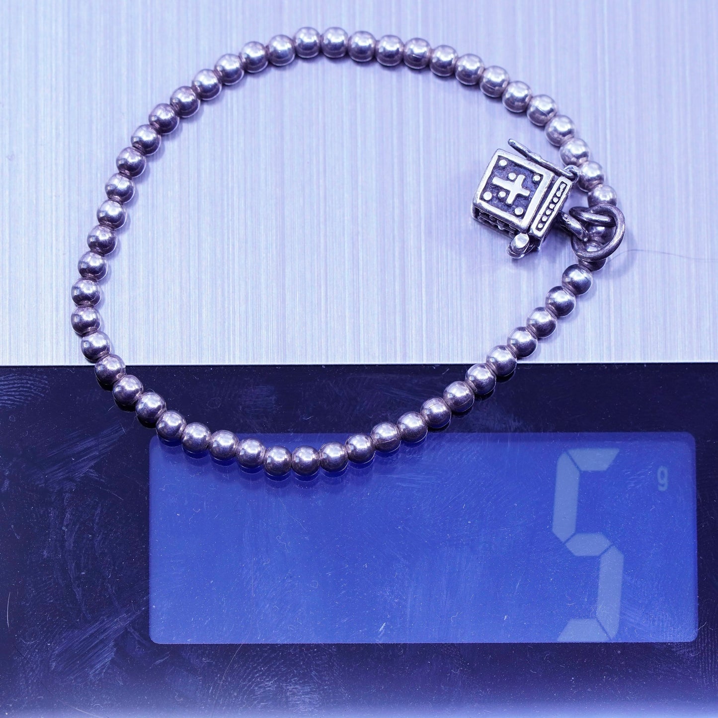 5.5”, silpada Sterling 925 silver handmade bead bracelet elastic band prayer