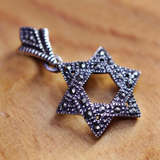 Vintage Sterling 925 silver handmade hexagram pendant with marcasite