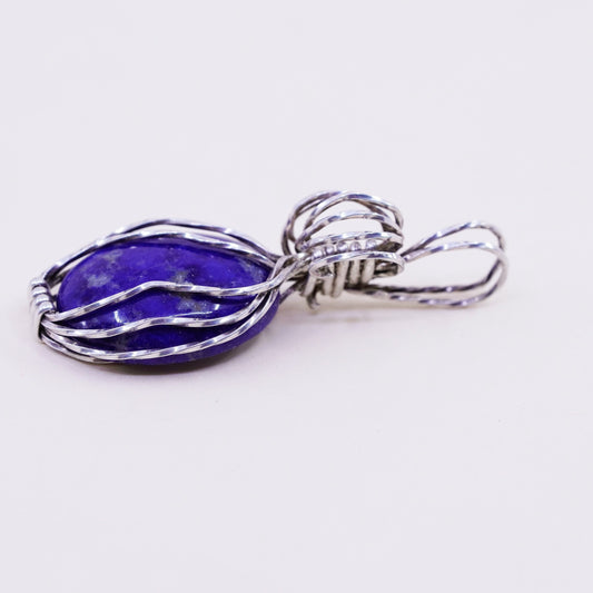 Vintage Sterling 925 silver handmade wired pendant with oval lapis lazuli