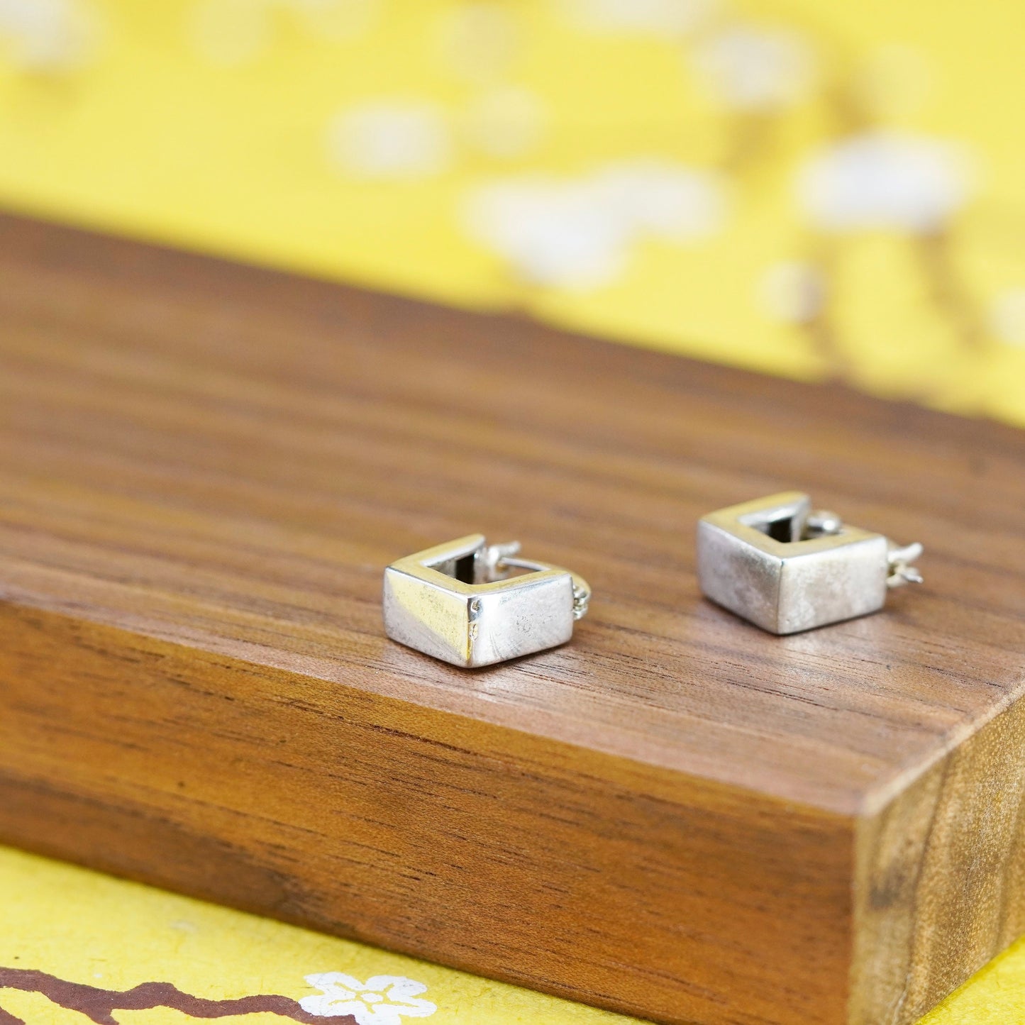 0.5”, vintage Italy Sterling silver handmade hoops, square 925 huggie earrings