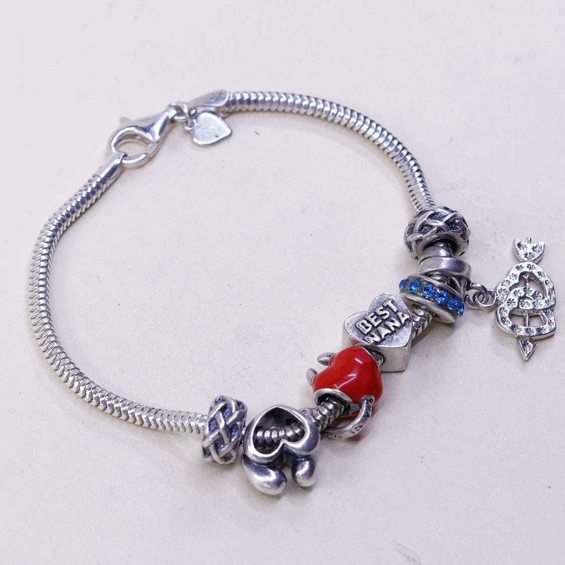 6.75" 3mm, VTG Sterling silver bracelet, 925 bold snake chain, w/ 7 charms