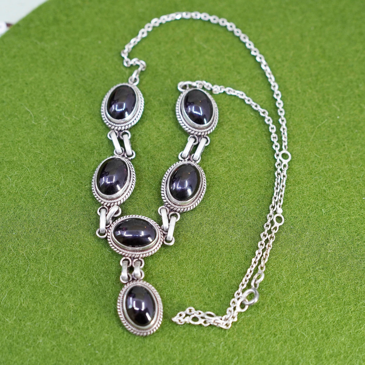 16+2”, vintage Sterling silver necklace, Italy 925 circle chain garnet pendant
