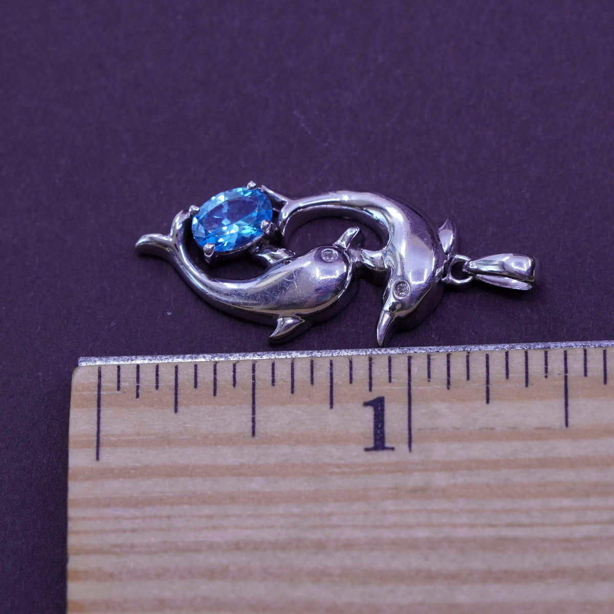 Vintage 925 Sterling silver handmade dolphins pendant with topaz