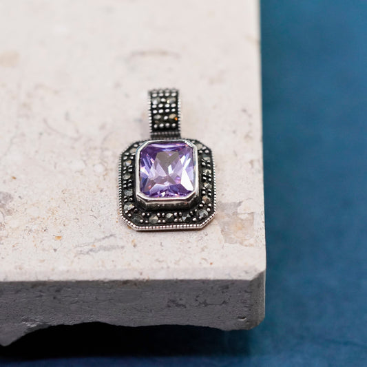 Vintage sterling 925 silver handmade pendant with amethyst and marcasite detail