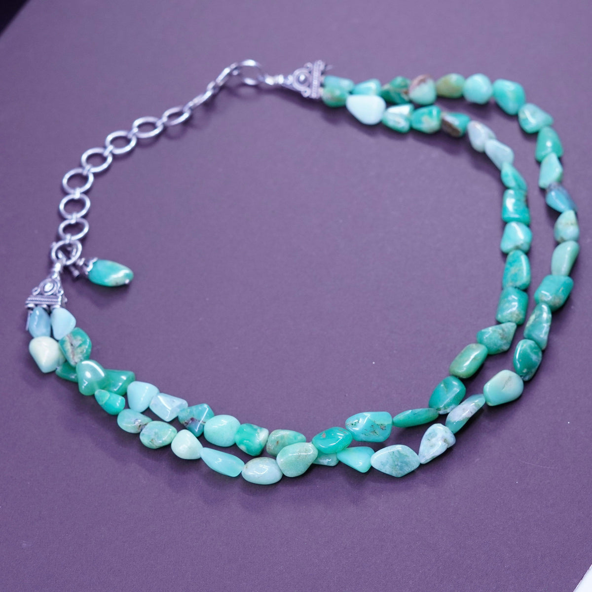 14+4”, vintage double strands jade beads necklace w/ Sterling 925 silver chain