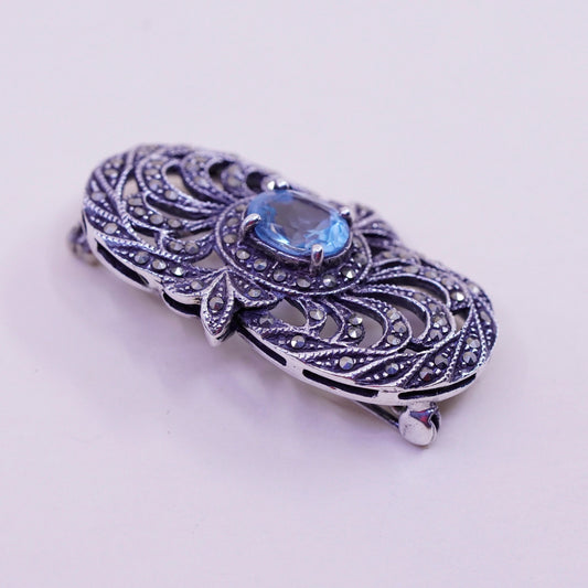 Vintage Sterling 925 silver handmade filigree brooch with topaz and marcasite