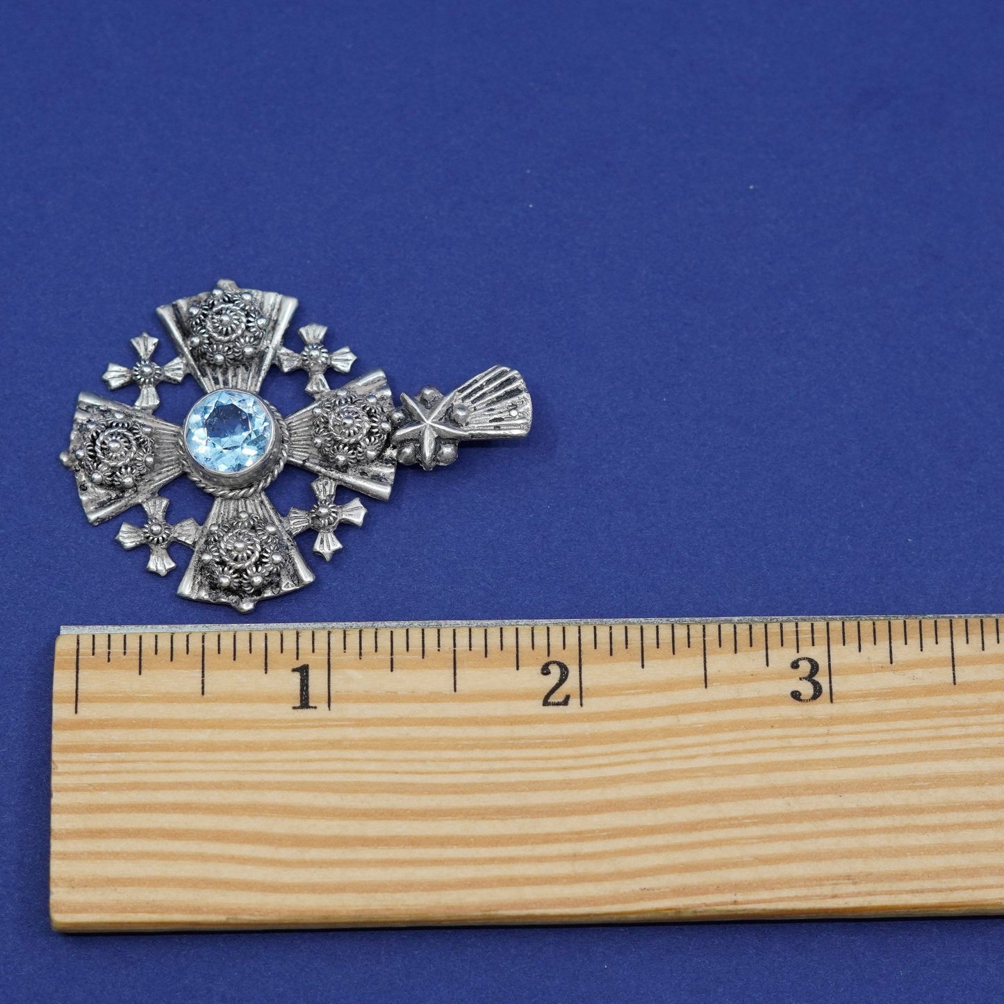 Vtg 999 Sterling Silver Filigree Jerusalem Cross Pendant with topaz inlay