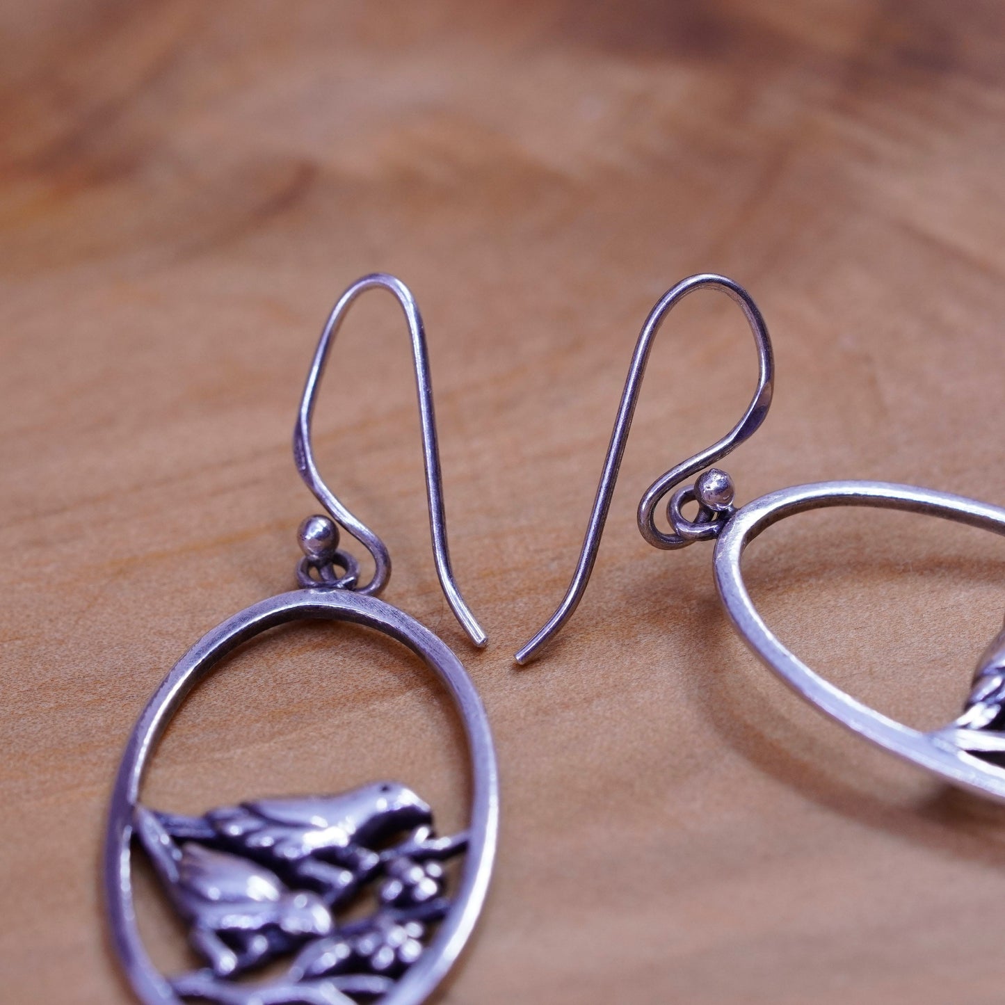 Vintage Sterling silver handmade earrings, 925 birds on branch