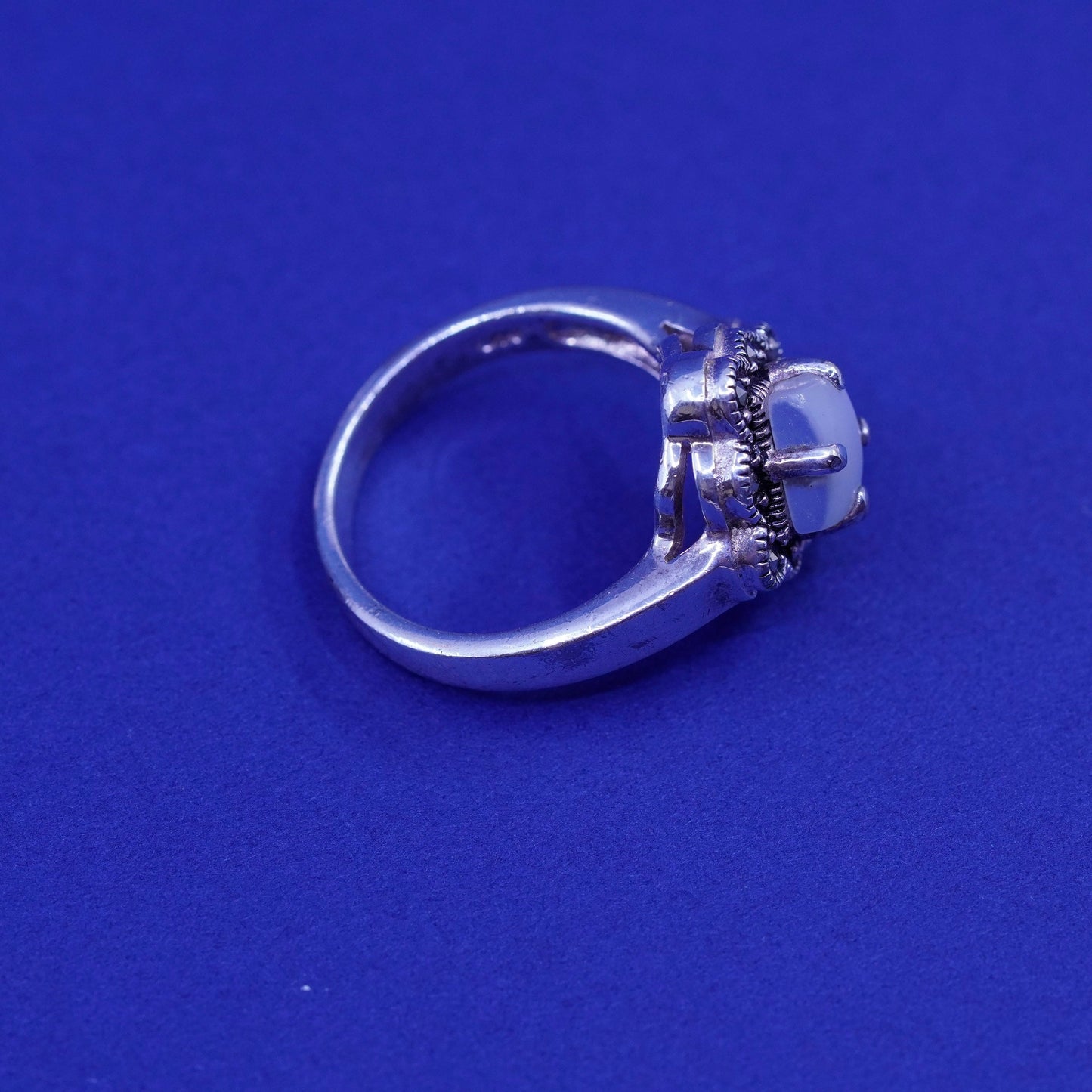 Size 8.25, Sterling 925 silver handmade ring with moonstone and marcasite