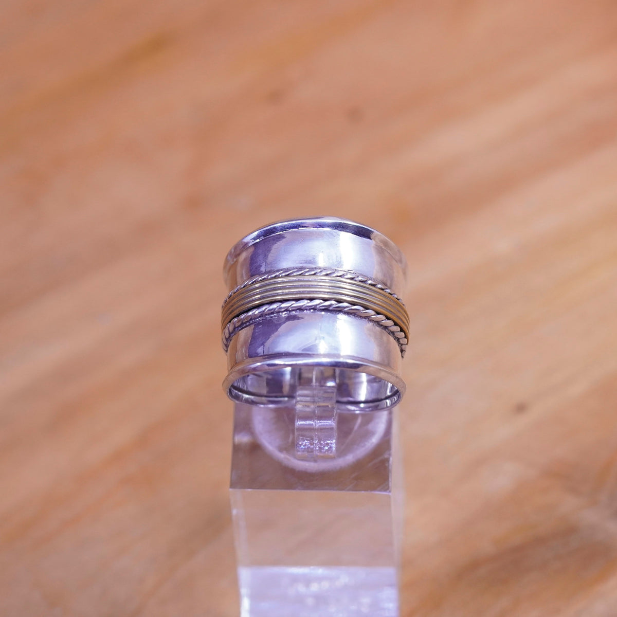 Size 9.5, vintage two tone Sterling silver handmade ring, wide 925 band brass