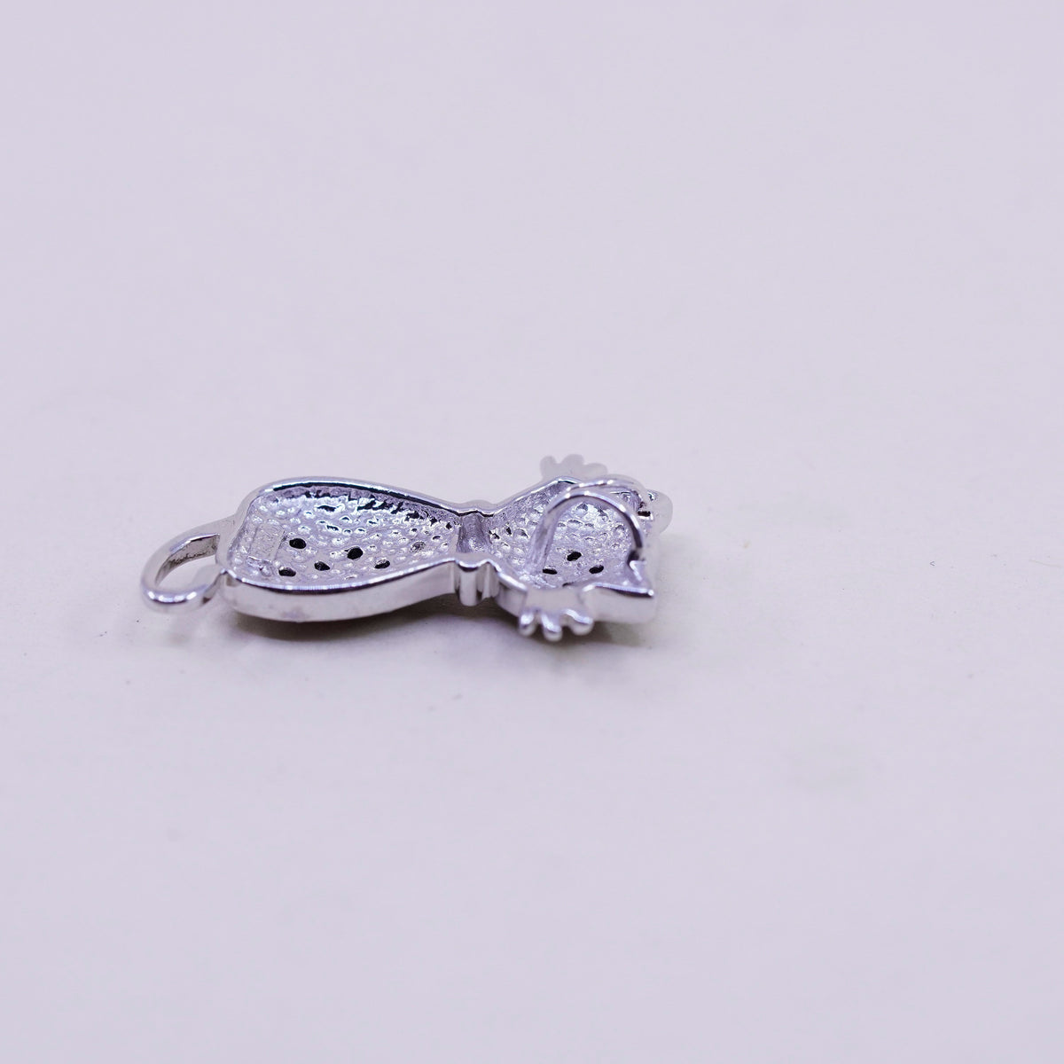 Vintage Sterling silver handmade pendant, 925 kitty cat with black diamond