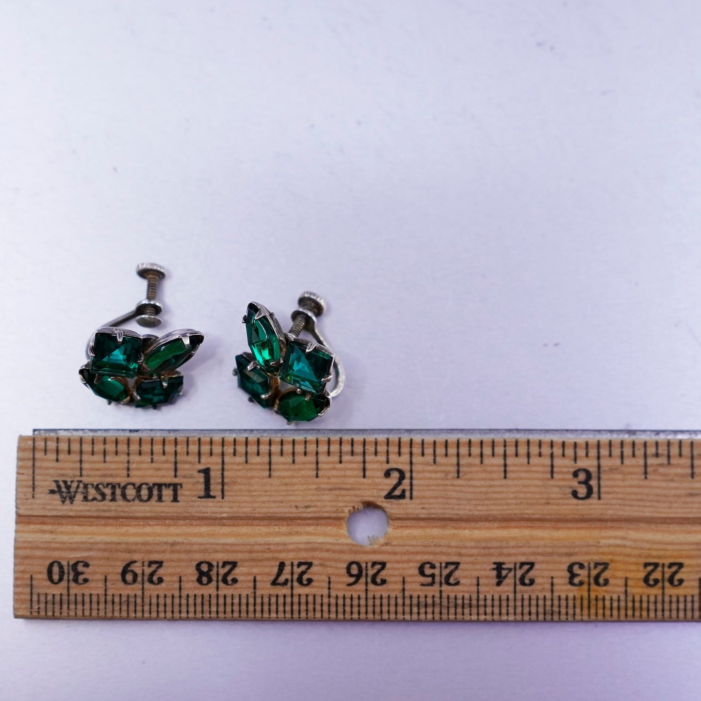 Sterling 925 silver earrings, screw back flower with cluster green rhinestone