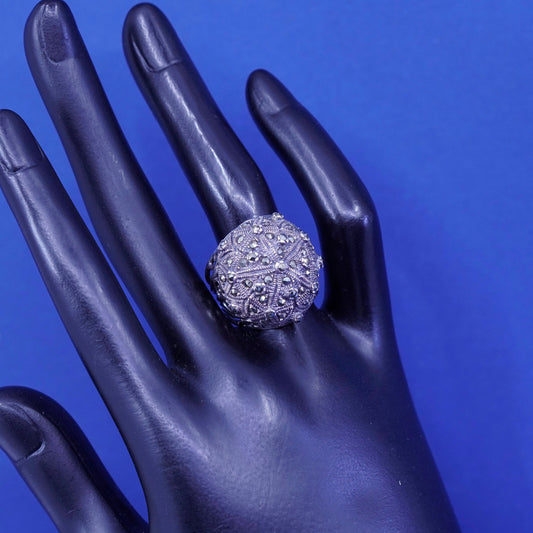 Size 8, vintage CFJ Sterling 925 silver handmade ring with cluster marcasite