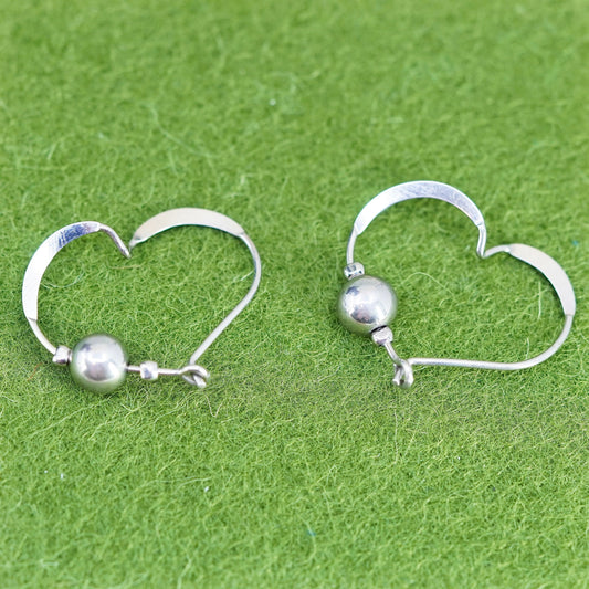 0.75”, Vintage sterling 925 silver loop earrings, heart hoops with beads