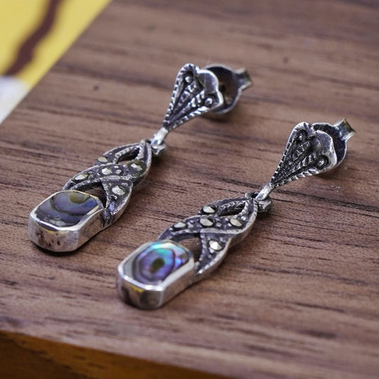 Vintage Sterling 925 silver handmade earrings with abalone and marcasite