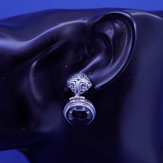 Vintage Sterling 925 Silver Handmade filigree Earrings with round onyx