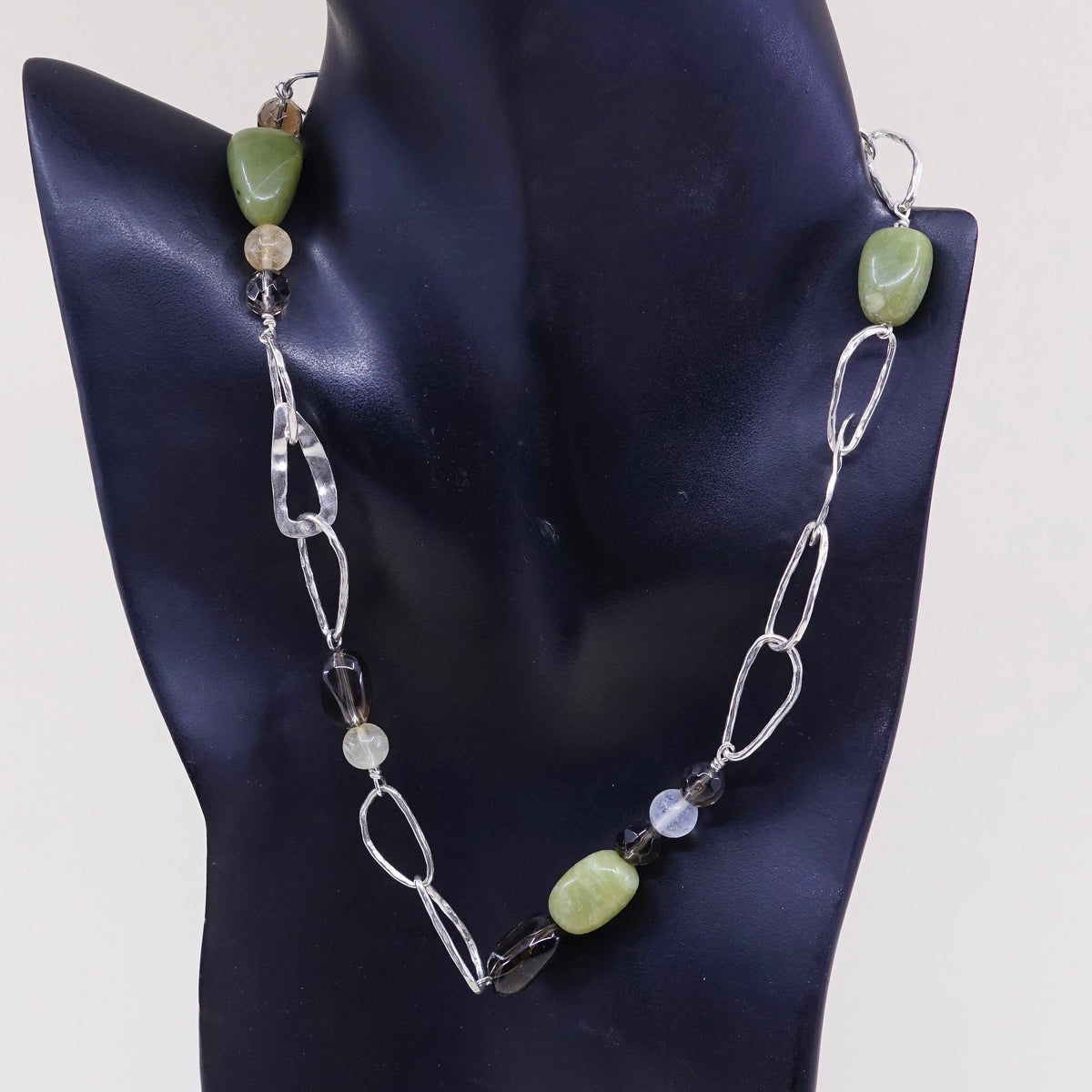 17”, vtg Sterling silver handmade necklace, 925 link chain w/ jade N topaz