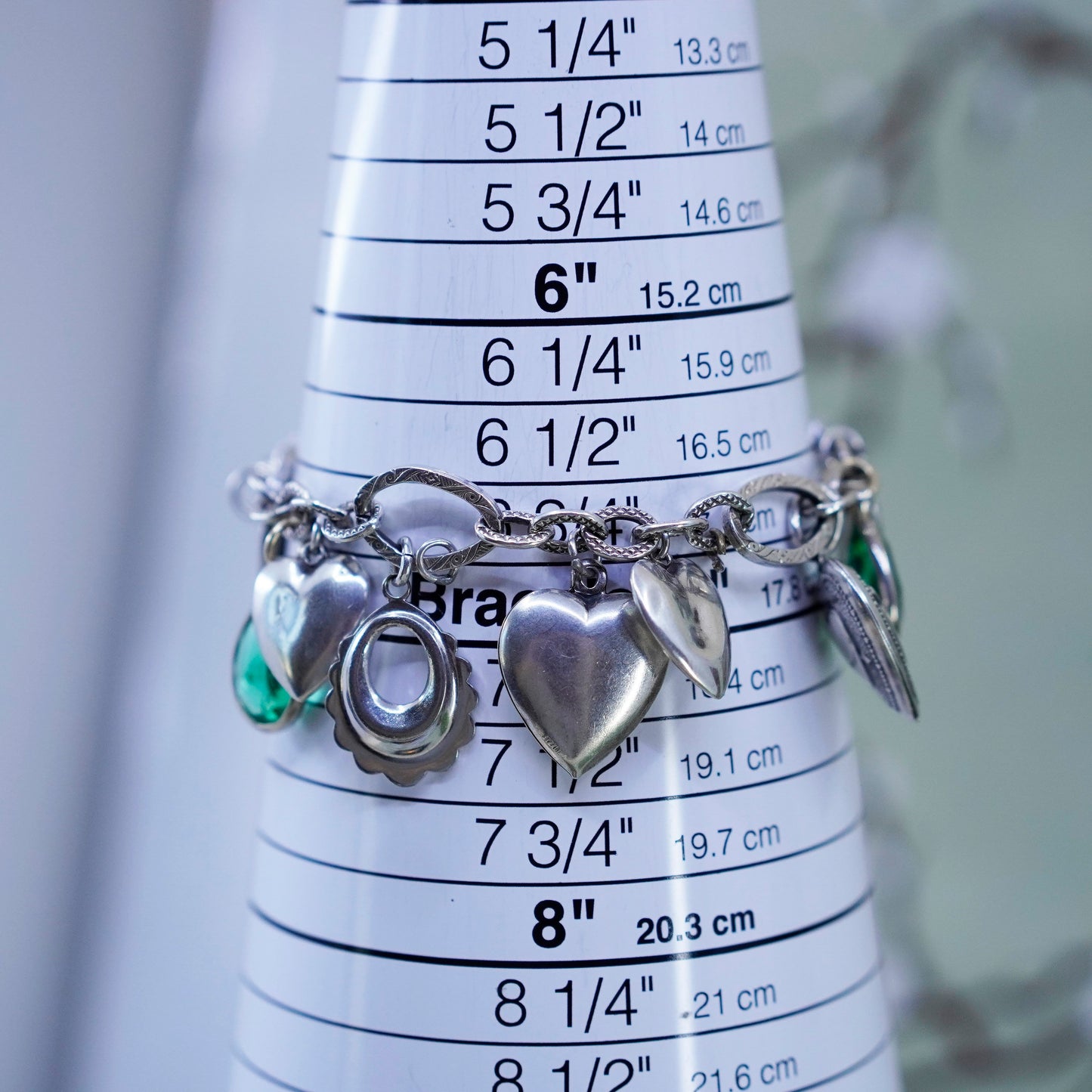 6.75”, B. A. Ballou & Co. 925 sterling silver oval bracelet heart charms