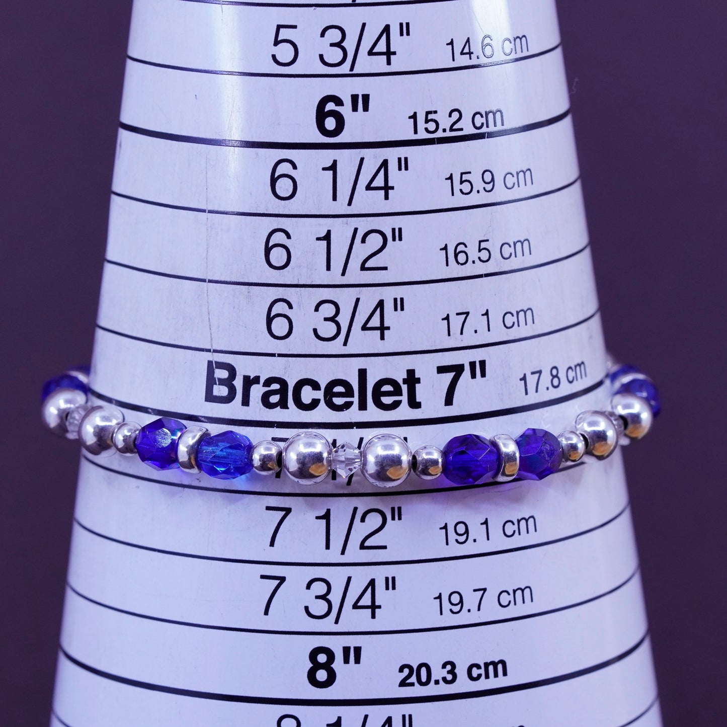 7.25”, vintage Sterling 925 silver beads bracelet with blue crystal