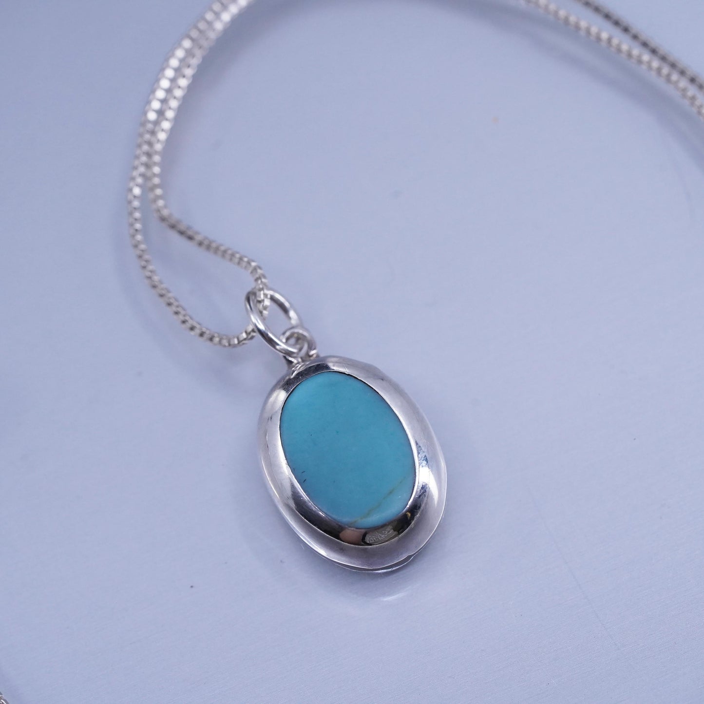 18”, Native American Sterling 925 silver box chain necklace turquoise pendant