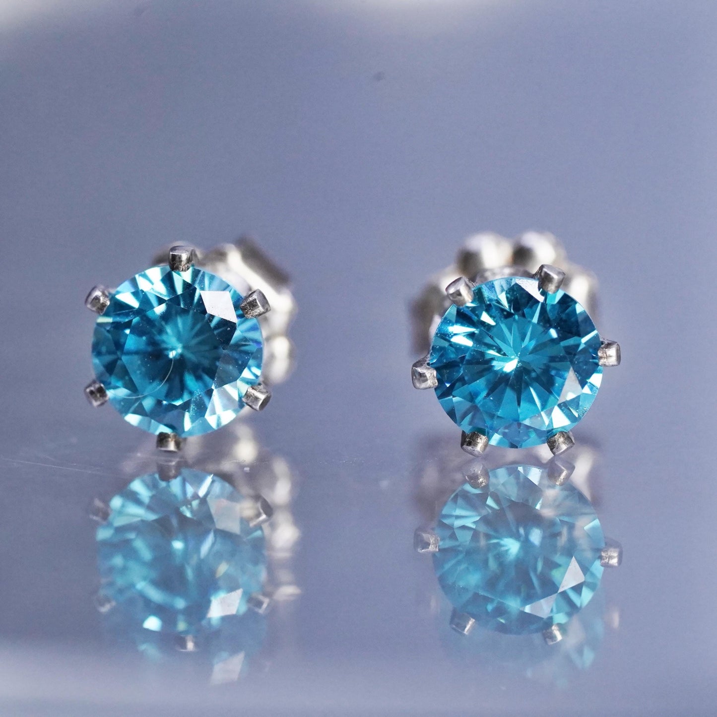 4mm, Vintage Sterling 925 silver handmade earrings, blue cz studs