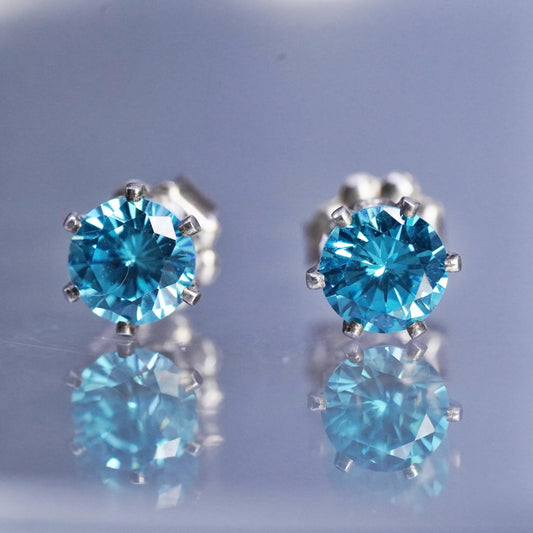 4mm, Vintage Sterling 925 silver handmade earrings, blue cz studs