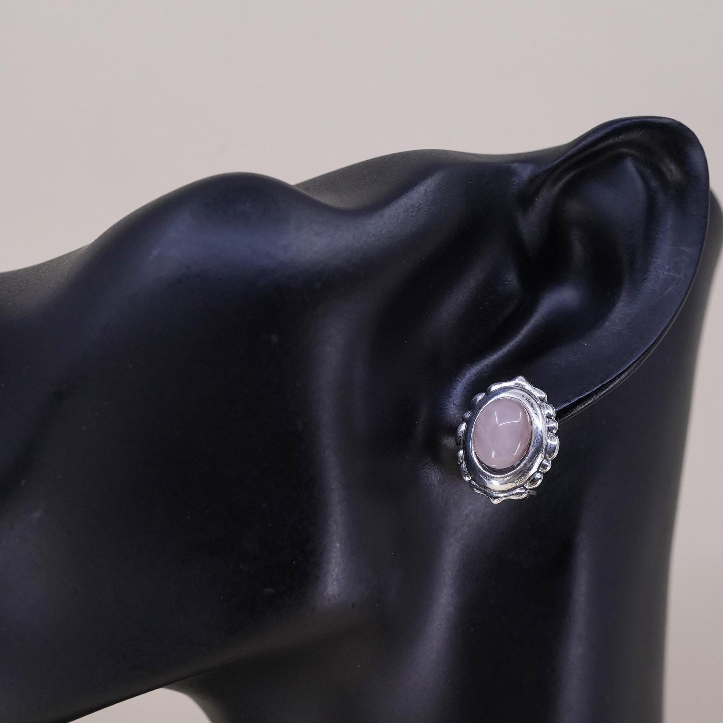 Vintage sterling silver handmade single earring, 925 clip on pink rose quartz