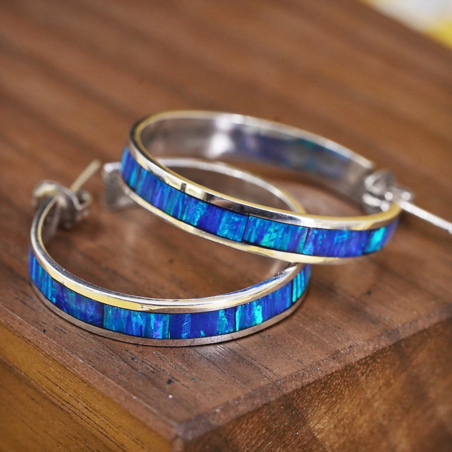 0.75", vintage Mexican Sterling silver huggie earrings, 950 hoops w/ blue opal