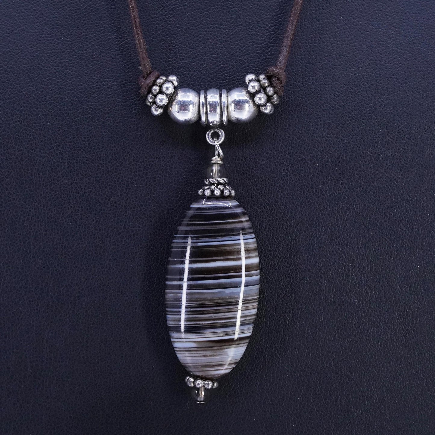 16", vintage 925 Sterling Silver Handmade brown Leather Necklace agate pendant