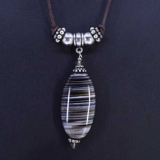 16", vintage 925 Sterling Silver Handmade brown Leather Necklace agate pendant