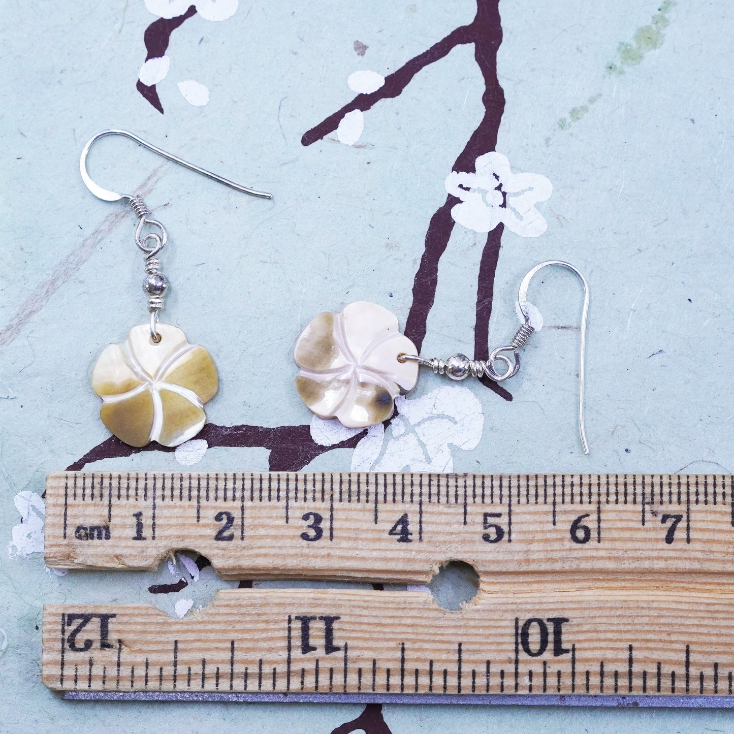 Vintage Sterling silver 925 handmade earrings w/ mother of pearl flower dangles