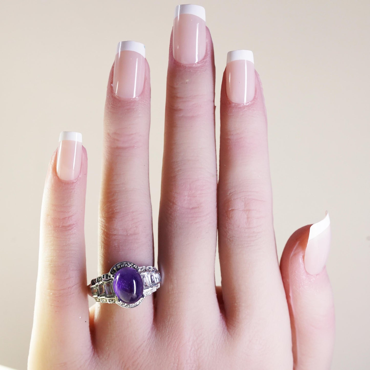 Size 8.25, vintage Sterling silver 925 cocktail ring dome amethyst clear quartz