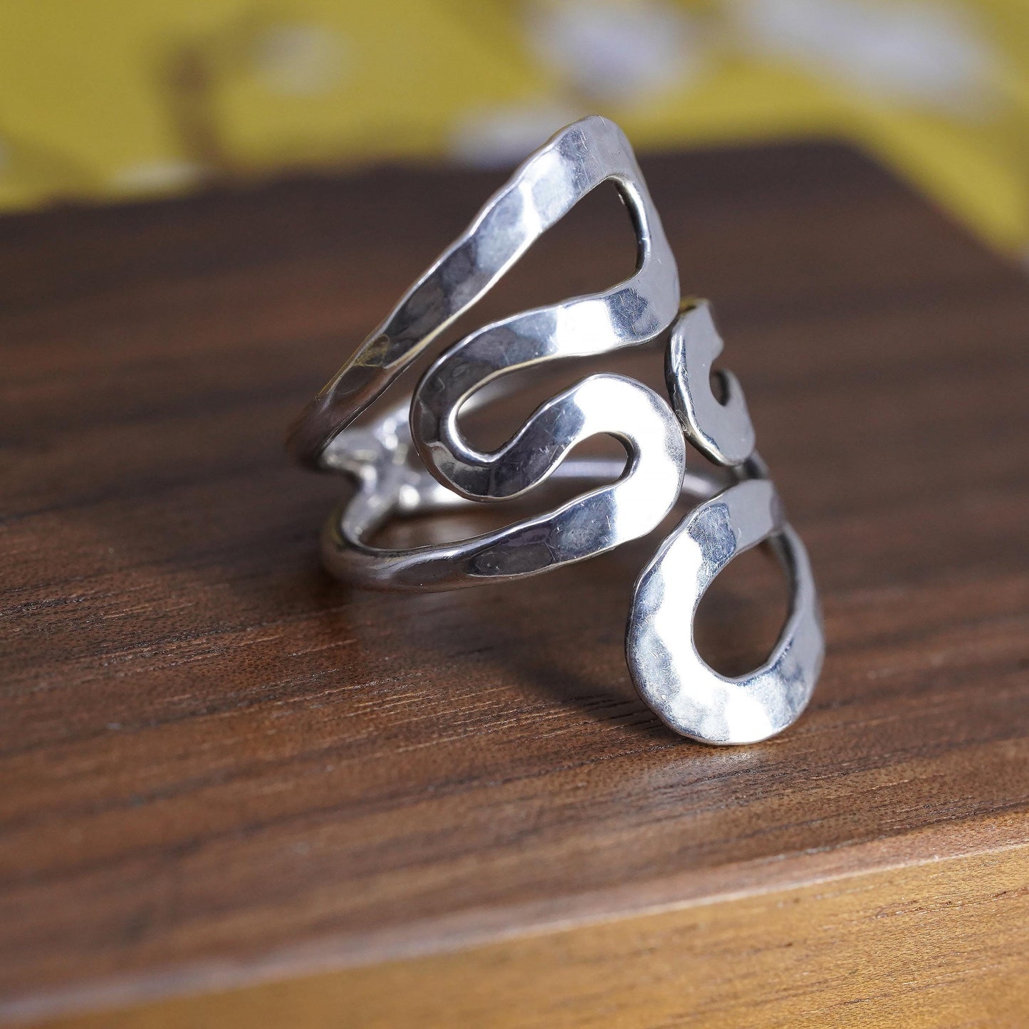size adjustable, vintage Sterling silver handmade ring, 925 hammered wrap band