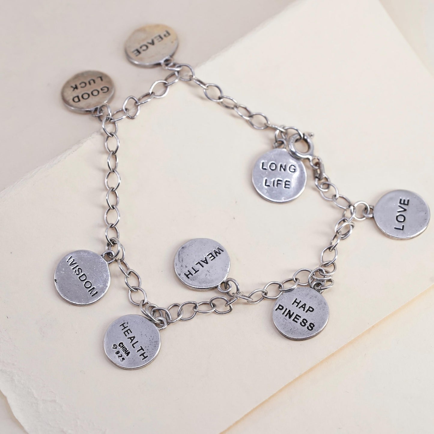 7” Sterling Silver Chinese Character Charms Bracelet, Love Wealth Wisdom Health