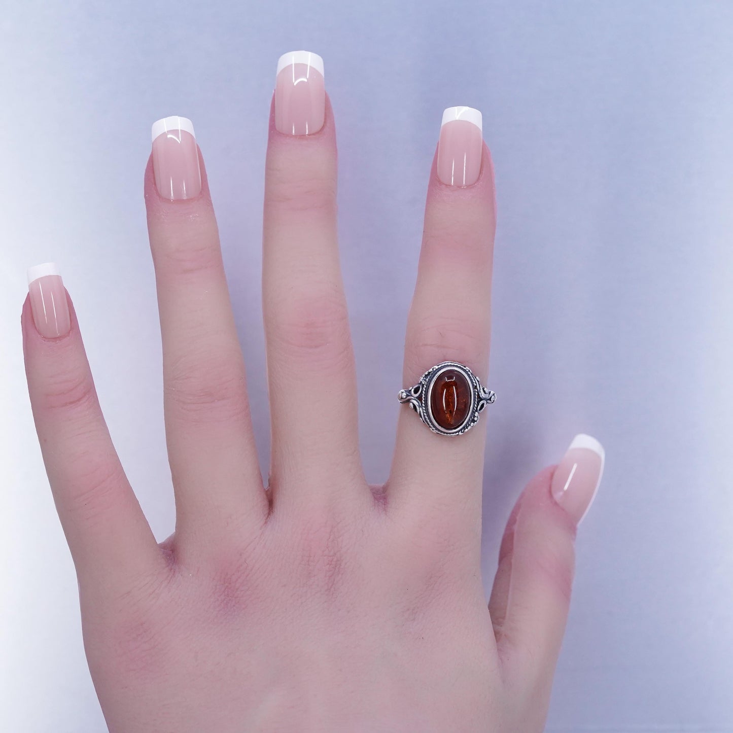 Size 5.5, vintage Sterling 925 silver handmade ring with oval Amber